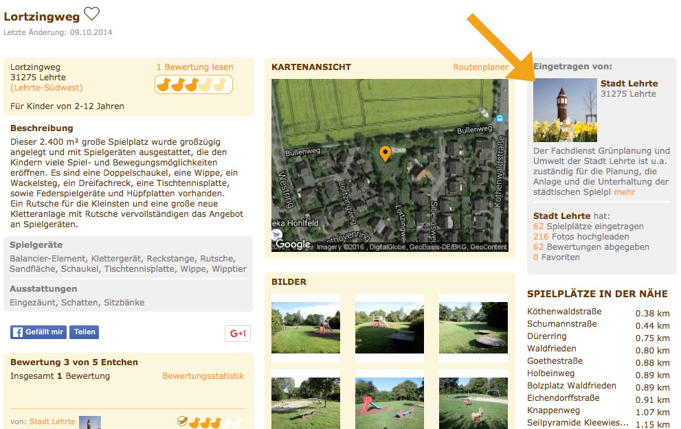 Bei jedem Spielplatz-Eintrag der Stadt Lehrte ist das städtische Userprofil direkt zu sehen.