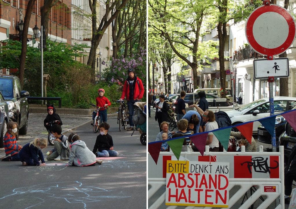 Kinder tragen Masken und malen mit Straßenkreide