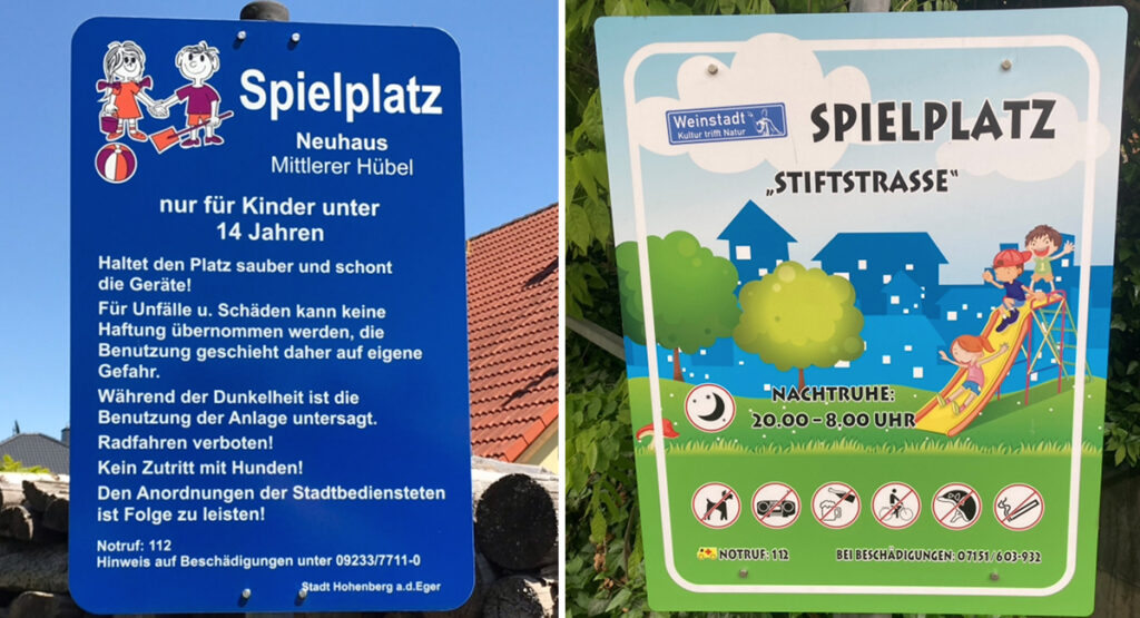 Spielplatzschild mit Schrift und Piktogrammen