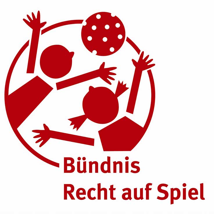 Logo Bündnis Recht auf Spiel, stark vereinfachte Grafik von zwei mit einem Ball spielenden Kindern