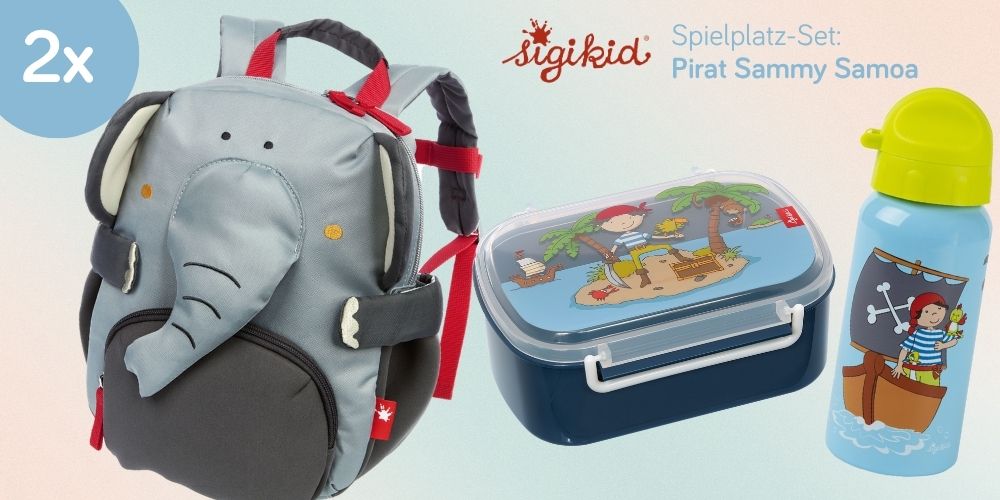 Kinderrucksack mit Elefantengesicht in blau-grau plus Trinkflasche und Brotbox in gleichem Design.