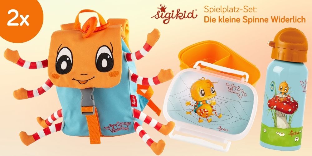 Kinderrucksack im Spinnendesign mit niedlichem Gesicht und Spinnenbeinen in orange plus Trinkflasche und Brotbox in gleichem Design.