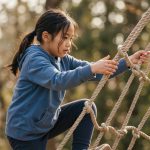 Mädchen klettert konzentriert auf einem Seil-Kletternetz auf einem sonnigen Spielplatz und meistert die Kletter-Herausforderung