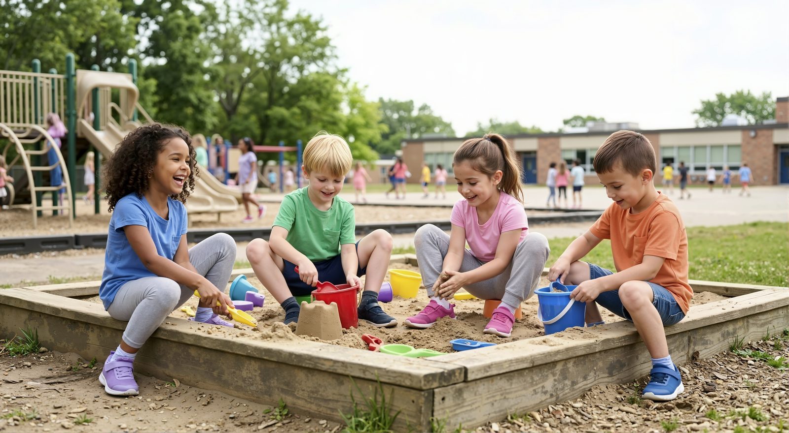 Spielen im Sandkasten Vier lachende Kinder spielen mit bunten Eimern und Sandförmchen in einem Sandkasten auf einem Spielplatz