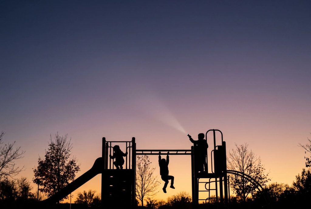 Silhouetten von Kindern beim Klettern und Hangeln an einem Klettergerüst vor violett-orangem Abendhimmel, ein Kind leuchtet mit einer Taschenlampe.